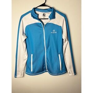 FootJoy Women's Small Blue White Zip Golf Jacket The Golf Club Thumbhole Cuffs